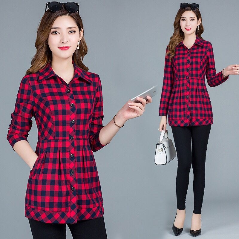 2022 Spring Autumn Season New Casual Long Sleeve Plaid Medium Long Version Loose Slim Fit Large Size Shirt Thin Coat