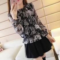 Long sleeve round neck chiffon shirt Spring and Autumn New Korean version of large size womens loose fat mm waist top base shirt