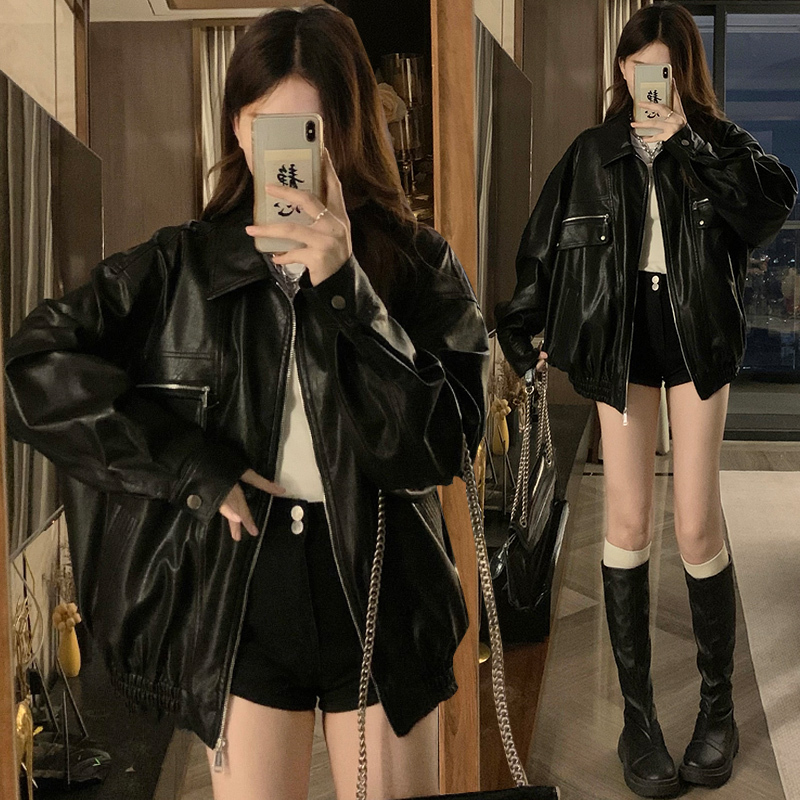 High-End Leather Jacket for Women, Spring and Autumn, American Style, Cool and Sweet, Black, Biker Pu Leather, Loose Jacket, Trendy Top