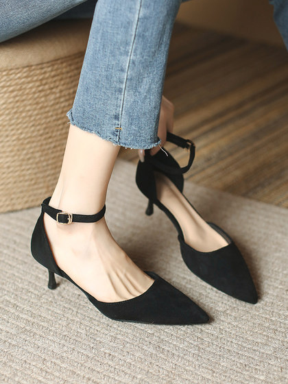 包头细跟凉鞋女5cm2025年春夏新款百搭3厘米高跟鞋尖头浅口一字带