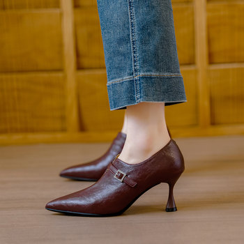 Genuine leather~french brown deep-mouth single shoes and high heels for women