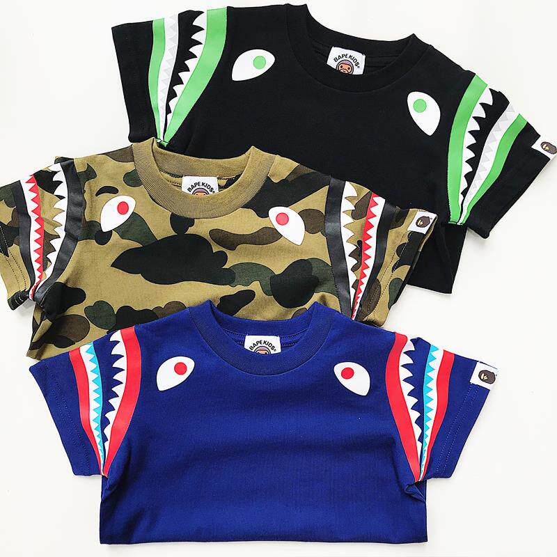 Japan bape summer new children's boys baby shark big teeth sleeves printed short-sleeved cotton T-shirt cool