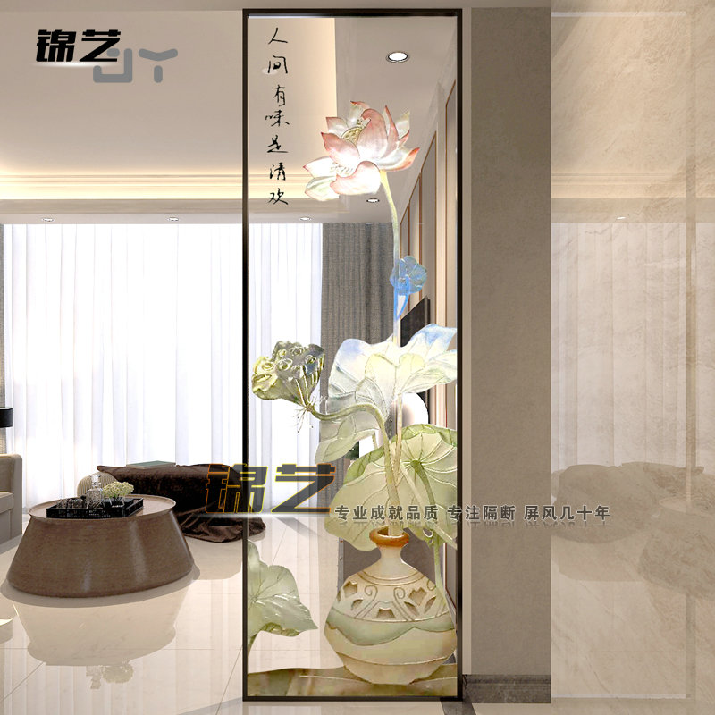 Customized new Chinese style decorative art glass carved transparent double-sided partition wall screen living room dining room lotus vase