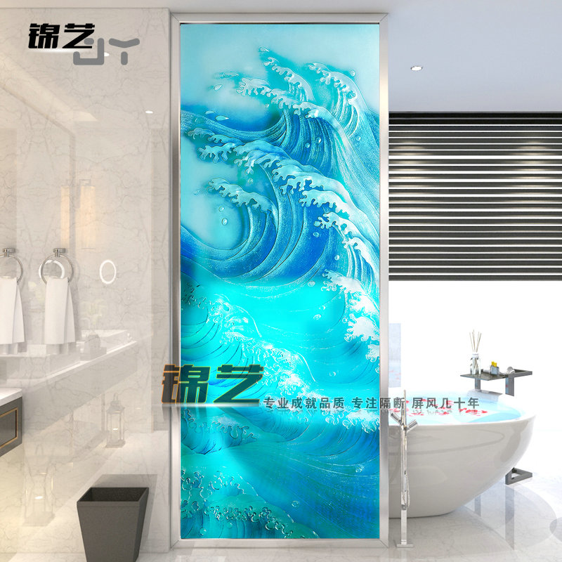 Carved and tempered decorative glass art partition wall screen bathroom dry area wash Taipei modern wave
