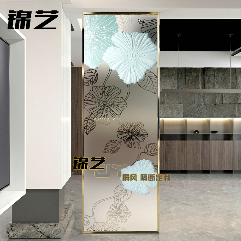 Customized modern fried transparent tempered art glass stainless steel screen partition wall seating decoration