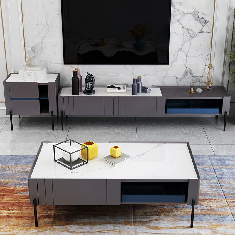 Light luxury rock board TV cabinet tea table combination Italian gray TV cabinet modern simple living room marble cabinet