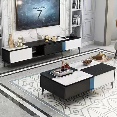 Modern minimalist coffee table TV cabinet combination living room retractable TV cabinet small apartment tempered glass tea table