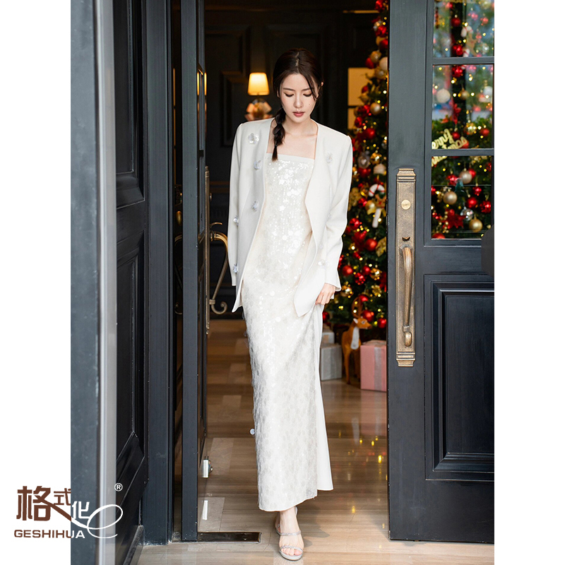 Blingbling Shiny Sequin Spaghetti Strap Long Dress for Women, Relaxed White Transparent Party Evening Dress