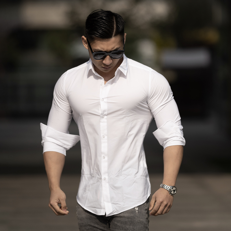 Muscular Men's Shirt, Korean Style Slim Fit, Youth Business Formal Shirt, No-Iron, Sports Fitness Elastic Long-Sleeve Base Shirt