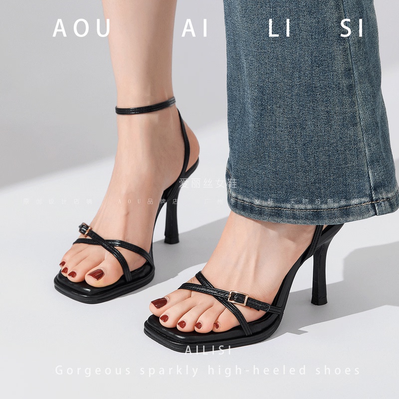 Black Strappy Sexy High-Heeled Sandals for Women, Light Nude-Colored One-Strap Sandals for Women, Summer Sexy High-Heeled Shoes, Small Size Shoes