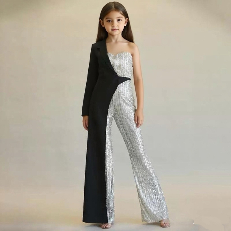 2025 New Style Girls' Runway Fashion Outfit Silver Sequin Patchwork One-Shoulder Fashion Sequin Jumpsuit Long Pants 2025 New Style Girls' Runway Fashion Outfit Silver Sequin Patchwork One-Shoulder Fashion Sequin Jumpsuit Long Pants