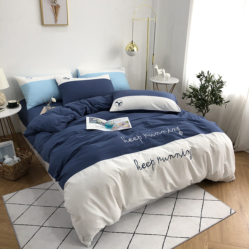 Simple Men's Blue Japanese Style Washed Cotton Pure Cotton Bed Four-Piece Set Teen High School Boys Bed Sheet Quilt Cover