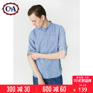 C & A màu xanh dài tay cotton và linen áo sơ mi nam 2018 mùa hè cơ bản pocket collar cổ áo sơ mi CA200204155 áo sơ mi họa tiết nam