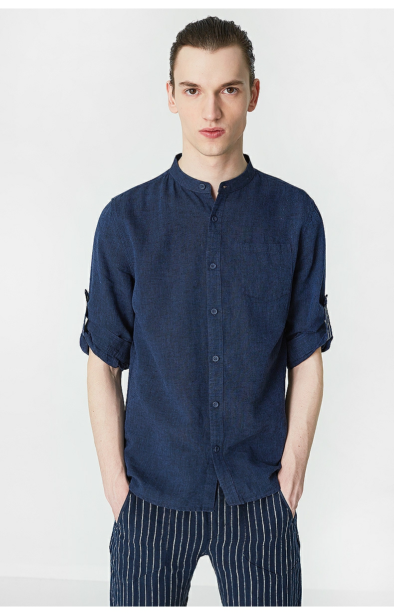 C & A Nam Dark Blue Cắt Tay Áo Bông Áo Mùa Hè Cơ Bản Pocket Đứng Cổ Áo Sơ Mi CA200204151 sơ mi công sở