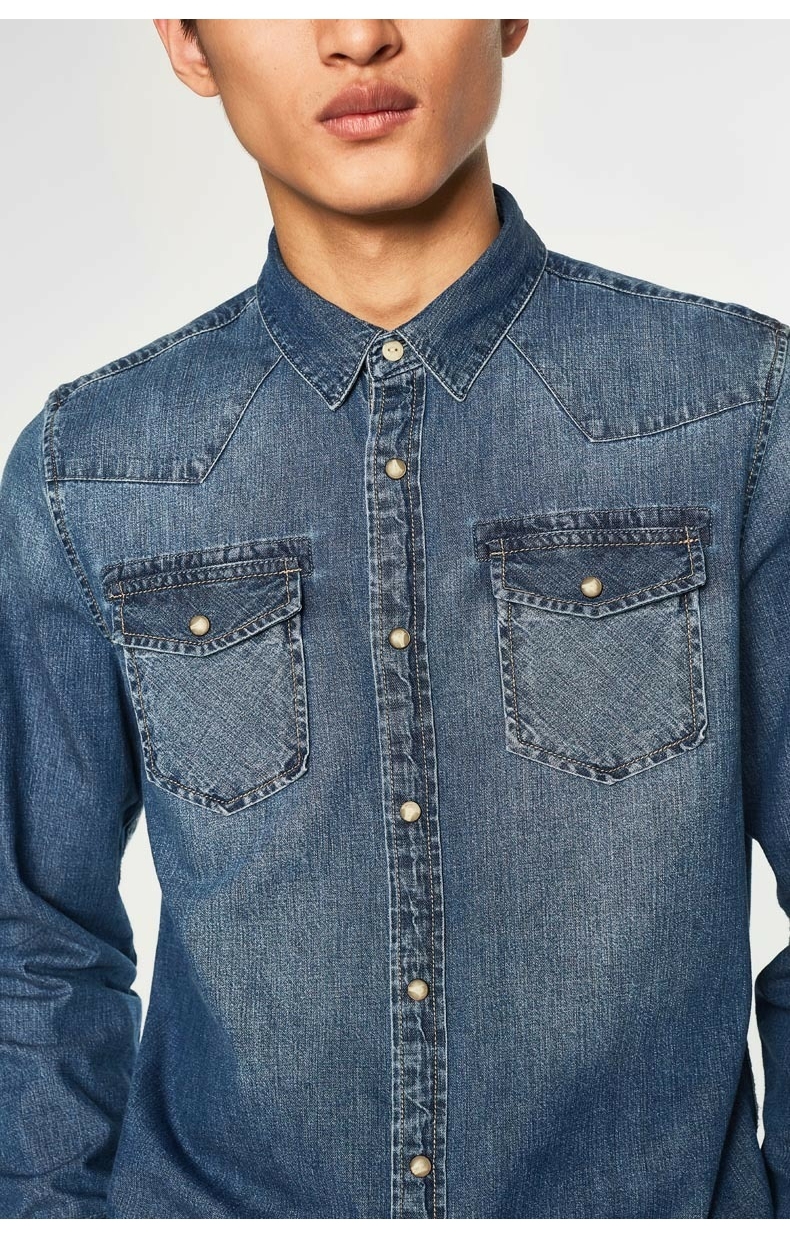 C & A retro màu xanh denim vá túi áo sơ mi nam 2018 đầu mùa xuân mới áo sơ mi denim CA200200338