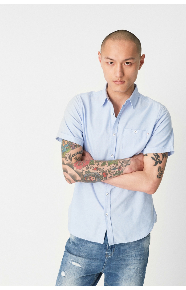 C & A Casual Túi Vá Áo Sơ Mi Màu Xanh Nam Cotton Mùa Hè Oxford Quay Ve Áo Ngắn Tay Áo Sơ Mi CA200205298 áo sơ mi quần tây