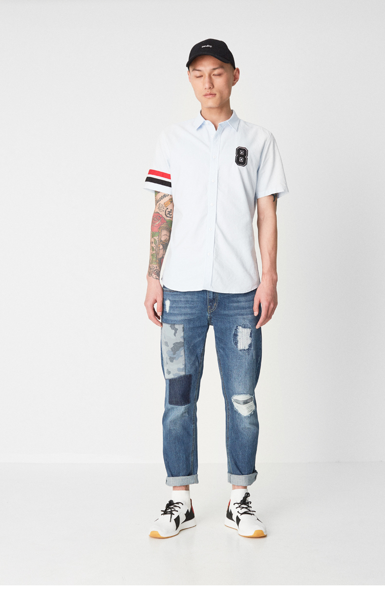 C & A Cao Đẳng Tương Phản Sọc Ngắn Tay Áo Sơ Mi Nam Cotton Mùa Hè Oxford Dệt Đính Áo CA200205308 áo sơ mi cộc tay nam
