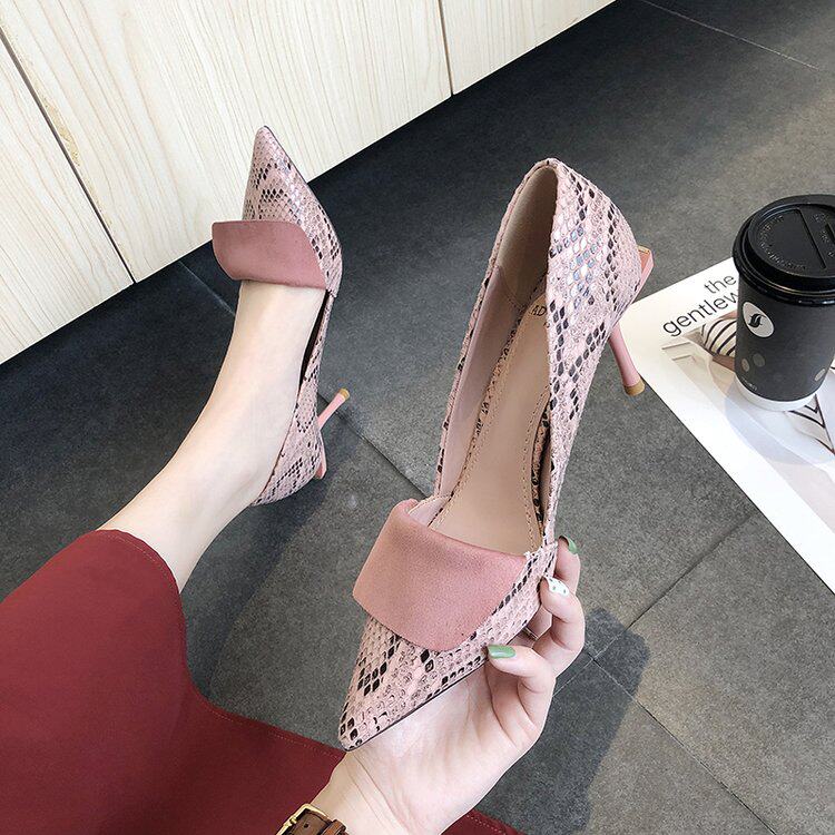 Net Red Little Fresher Teenage Girl Snake Print Single Shoes Woman 2022 new 100 hitch style High heel Shoe with Pointed Lady Shoes
