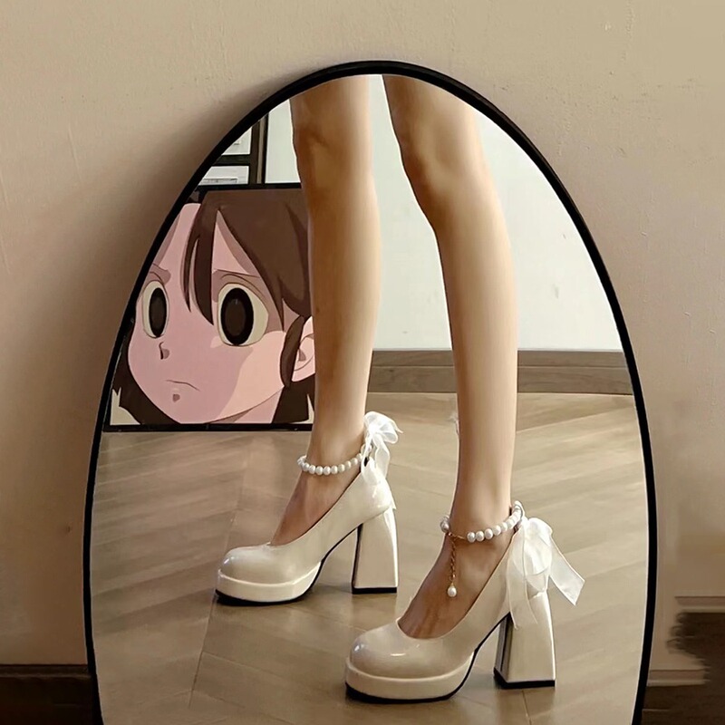 High-Heeled Shoes for Women, Mary Jane Leather Shoes, Chunky Heel Women's Shoes, Thick-Soled White Single Shoes, Wedding Shoes, Special Height-Increasing Shoes for Wedding Dresses