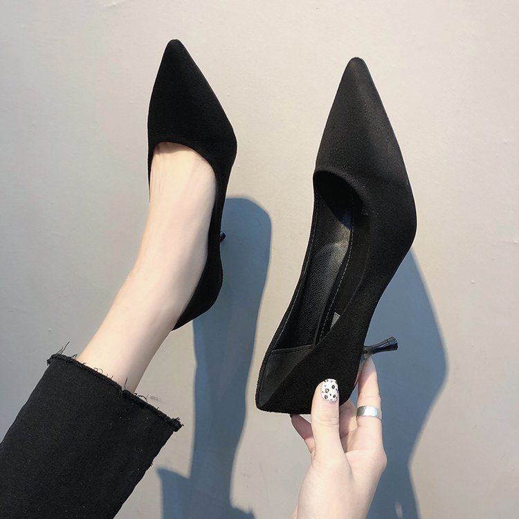 2021 new spring black high heels women's professional fine heel pointed low heel 3cm net red suede single shoes women's shoes