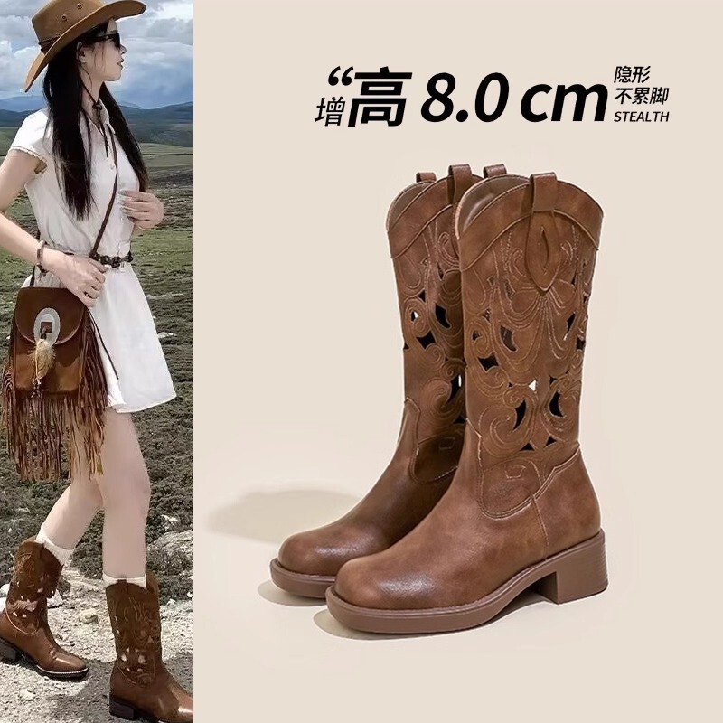 Inner Height-Increasing Chunky Heel Western Cowboy Boots for Women, Retro Riding Boots, Spring and Summer Thin Ethnic Style Hollow-Out Long Boots Inner Height-Increasing Chunky Heel Western Cowboy Boots for Women, Retro Riding Boots, Spring and Summer Thin Ethnic Style Hollow-Out Long Boots