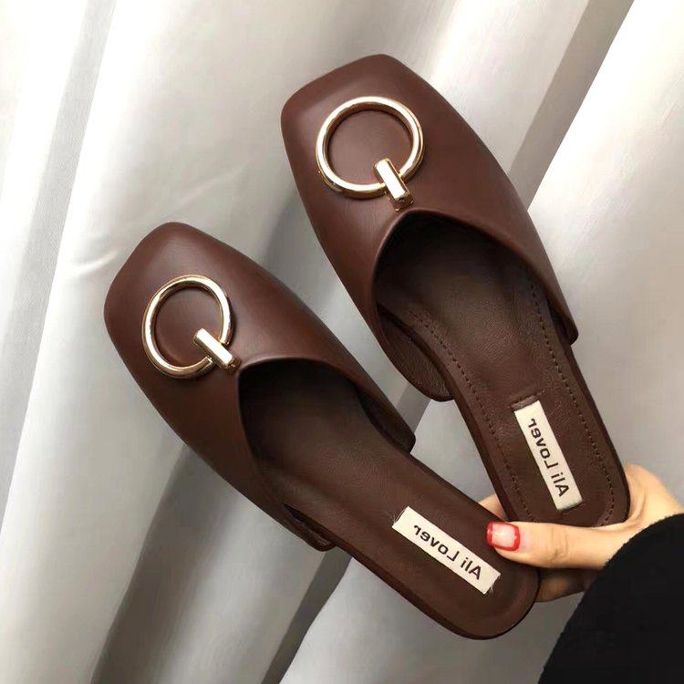2022 spring new Korean version of metal buckle Baotou half-drag milk shoes lazy flat-bottomed square head sandals and slippers Muller shoes