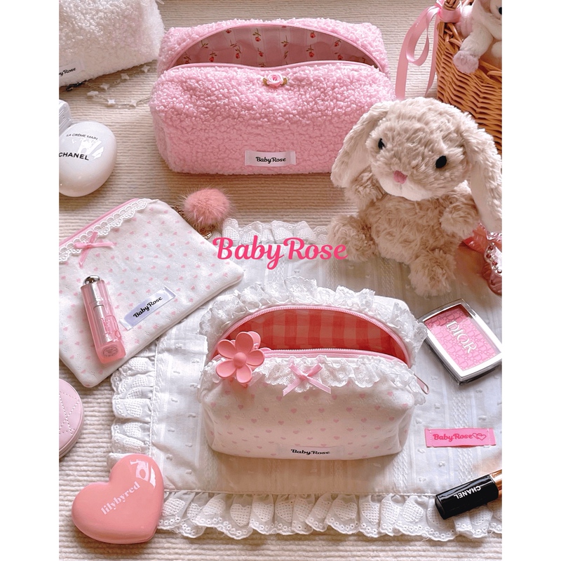 Babyrose·Sweet Pink·Handmade Ins-Style White and Pink Makeup Bag with a Girly Touch, Pink Travel Storage