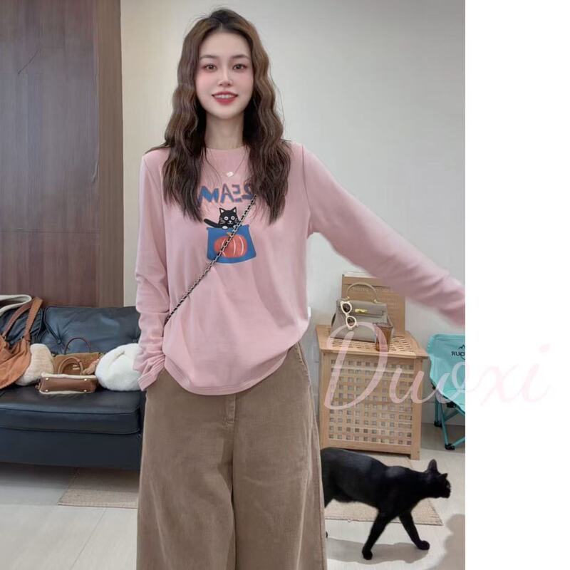 Duoxi+ “Pumpkin Cat” Brushed N011 # Printed, Comfortable, Simple, Versatile, Slimming Round Neck Long-Sleeved T-Shirt