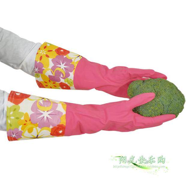 Open-mouth thickened and velvet latex leather gloves washing dishes, laundry, housework, waterproofing, winter rubber flocking gloves