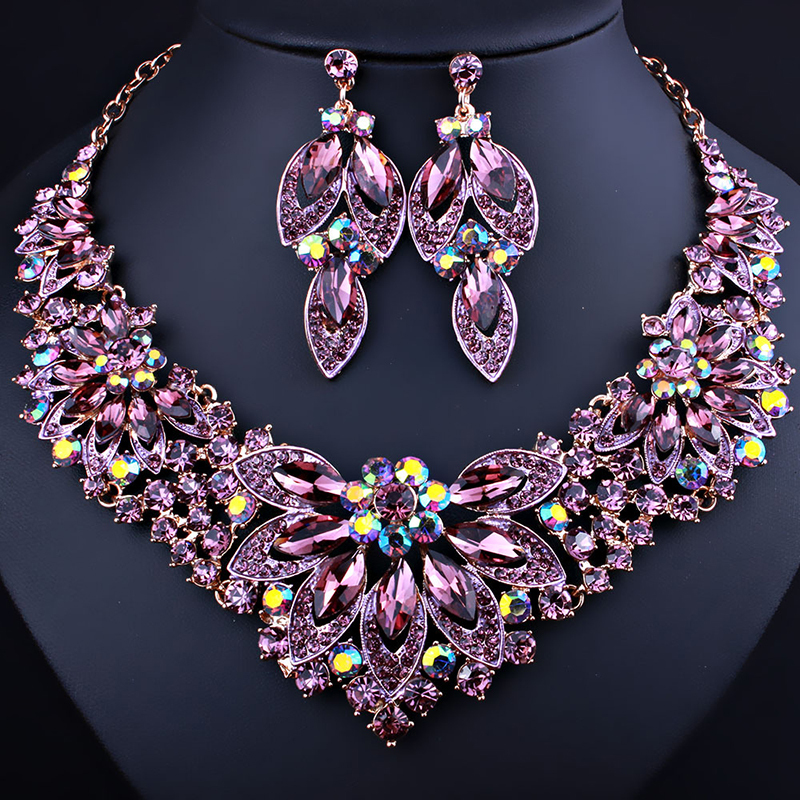 European and American Exaggerated Bridal Jewelry Set, Flower Crystal Rhinestone Necklace and Earrings Two-Piece Set, Fashionable Dress Accessories