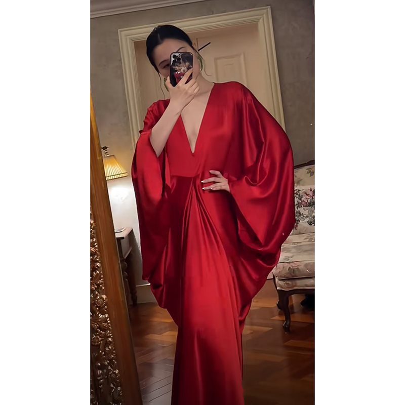 Luxurious Satin Deep V Batwing Sleeve Draped Pleated Loose Robe Dress Summer Socialite Slimming Chinese Red Long Dress Luxurious Satin Deep V Batwing Sleeve Draped Pleated Loose Robe Dress Summer Socialite Slimming Chinese Red Long Dress