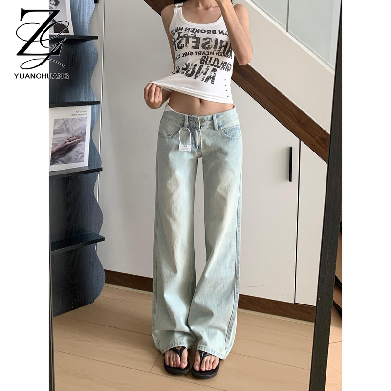 Light Blue Low-Waisted Wide-Leg Jeans for Women 2026 Early Autumn New Style Hot Girl Loose Drape Slimming Straight-Leg Floor-Length Pants