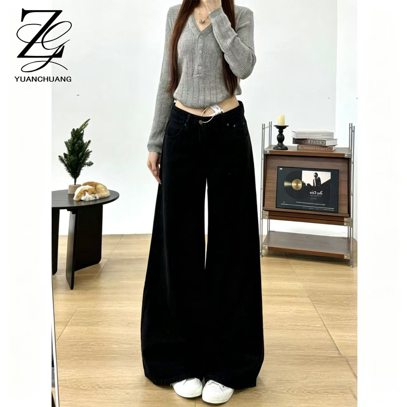 American-Style Black Wide-Leg Jeans for Women, Autumn 2026 New Model, Loose Low-Waist, Drapey, Slimming, Straight-Leg, Floor-Length Pants