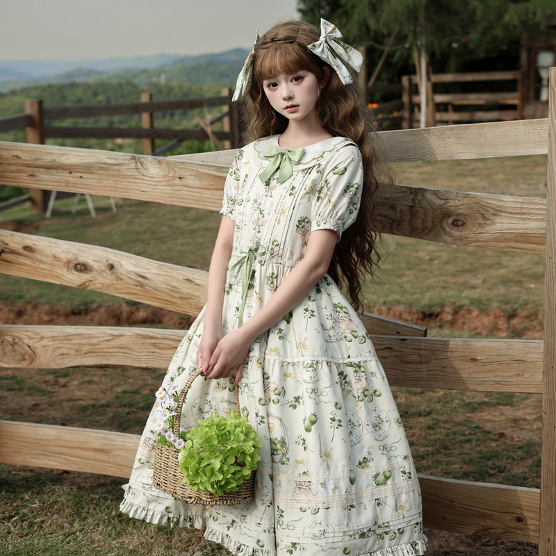 Semi-Cooked Raspberry Op Short-Sleeved Sack Dress Cla Elegant Green Strawberry Lolita Long Dress Semi-Cooked Raspberry Op Short-Sleeved Sack Dress Cla Elegant Green Strawberry Lolita Long Dress