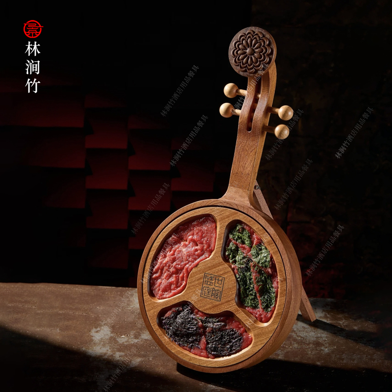 The Same Style as the Popular Hot Pot Restaurant: Three-Piece Meat Platter, Fresh-Cut Beef Platter, Wooden Pipa-Shaped Stand-Up Plate Tableware