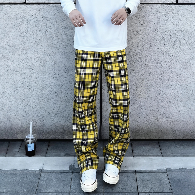 Yellow Casual Pants, Plaid Pants, Loose Fit, Slimming, European and American Style, Straight-Leg Pants, Wide-Leg Pants, High Street Men's American-Style Long Pants Yellow Casual Pants, Plaid Pants, Loose Fit, Slimming, European and American Style, Straight-Leg Pants, Wide-Leg Pants, High Street Men's American-Style Long Pants