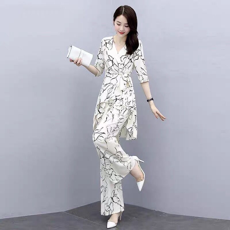 Printed Stylish Suit with Wide-Leg Pants for Women, 2026 Summer New Women's Clothing, Age-Reducing, Slimming, Elegant Two-Piece Skirt Pants Set, Trendy