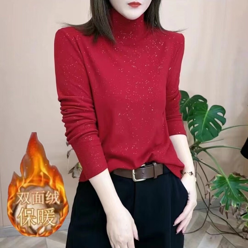 Double-Sided Thermal Fleece Base Shirt for Women, Autumn and Winter 2025 New Fashion Stylish Sequined Brushed Thickened Top