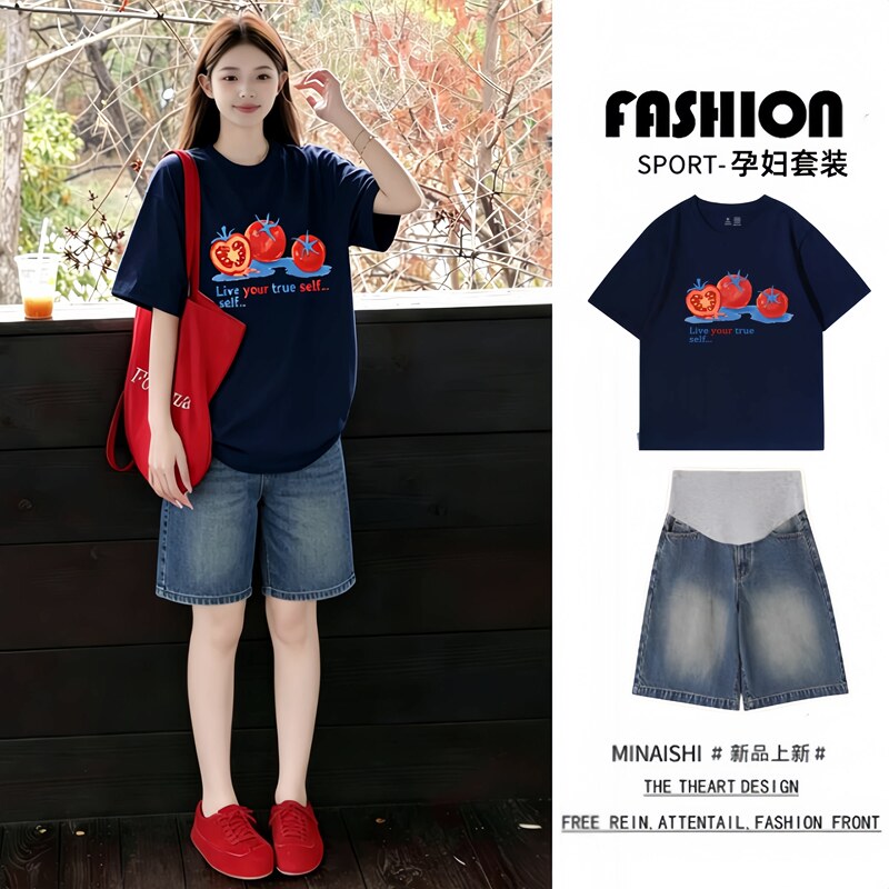 Next Alice Maternity Set Top 2026 Summer New Korean Style Pure Cotton T-Shirt Denim Shorts Two-Piece Set Next Alice Maternity Set Top 2026 Summer New Korean Style Pure Cotton T-Shirt Denim Shorts Two-Piece Set
