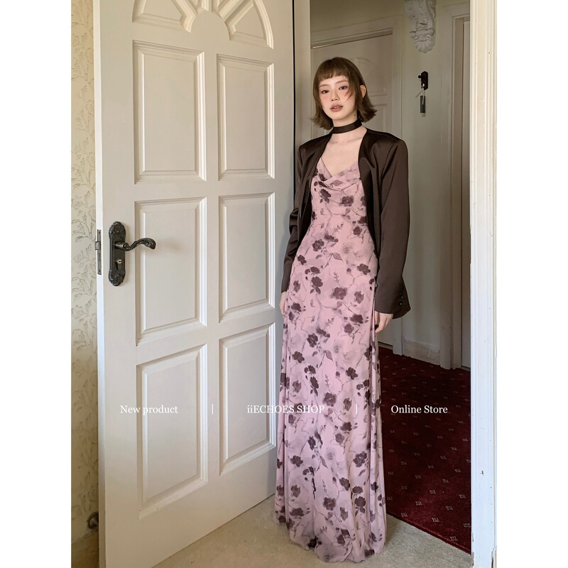 Iiechoes【Dry Rose 2.0~】Floral Spaghetti Strap Long Dress for Women with Ruffled Neck, Waist-Cinching, Double Layer Mesh Dress