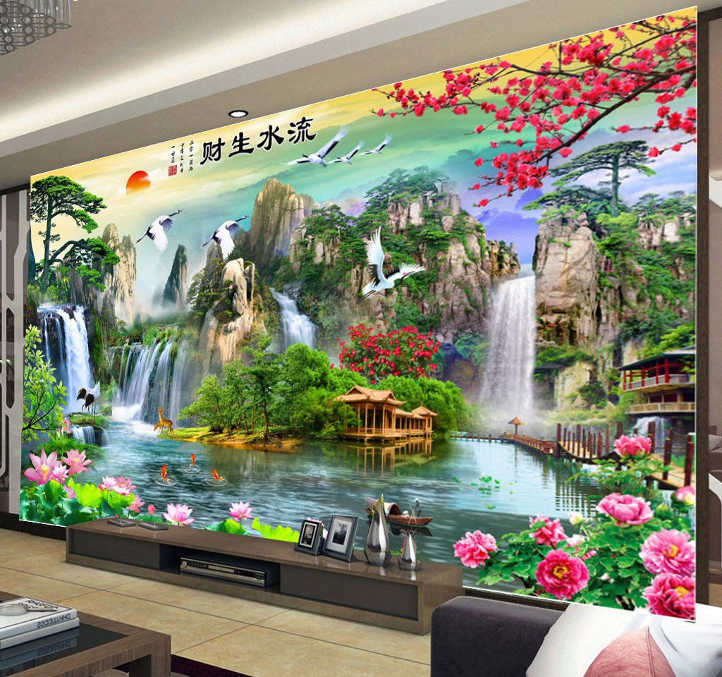 3d landscape waterfall landscape painting TV background wallpaper 5d three-dimensional living room wallpaper 8d atmospheric film and television wall cloth mural