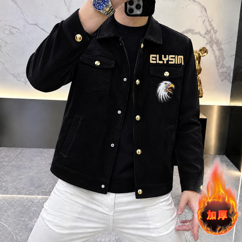 European Trendy Corduroy Jacket, High-End Fashion Black Eagle Embroidery Stylish Autumn and Winter Thickened Coat