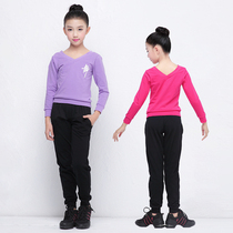 New dance clothing children Womens cotton summer practice clothing short sleeve set girl Double V collar carrot pants two-piece set