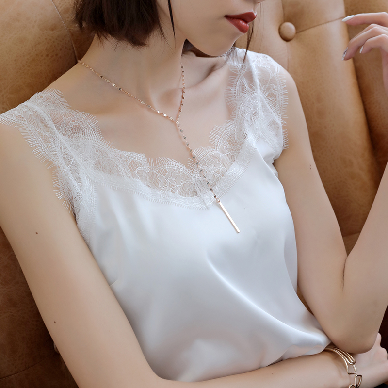Lace V-Neck Camisole Women's Undershirt Silk Satin Inner Wear Solid Color Sexy Summer