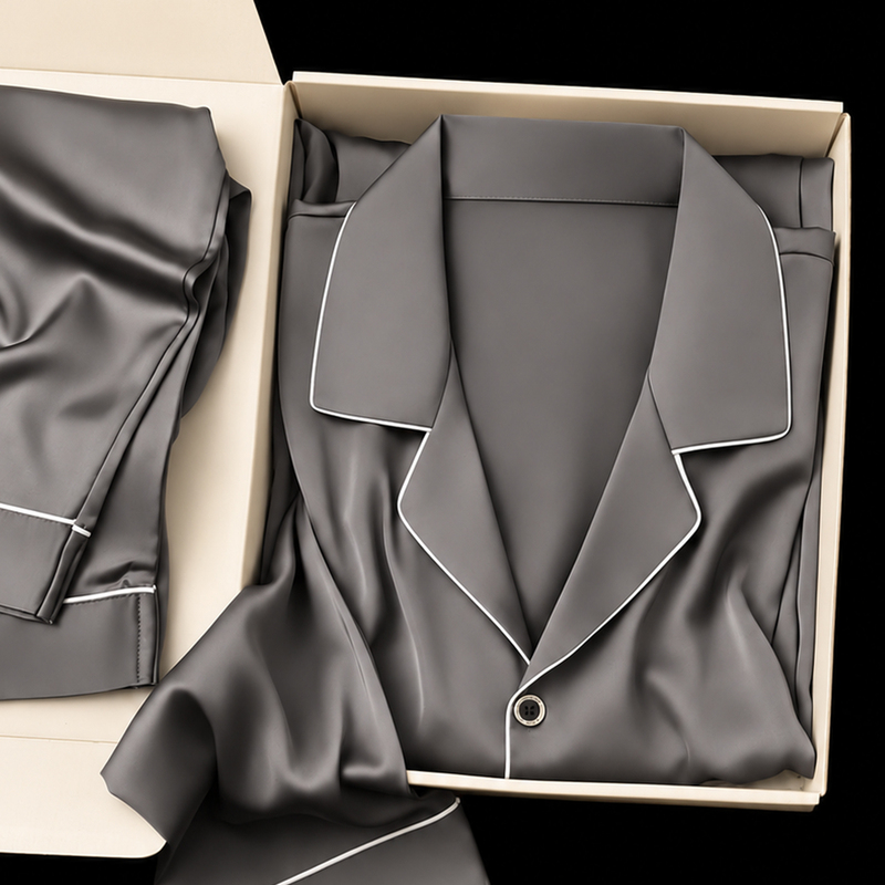Coy Kiss Silk Pajamas for Men, Autum Long-Sleeved, Large Size, Pure Color, Gift for Boys, High-End Gift Box Set