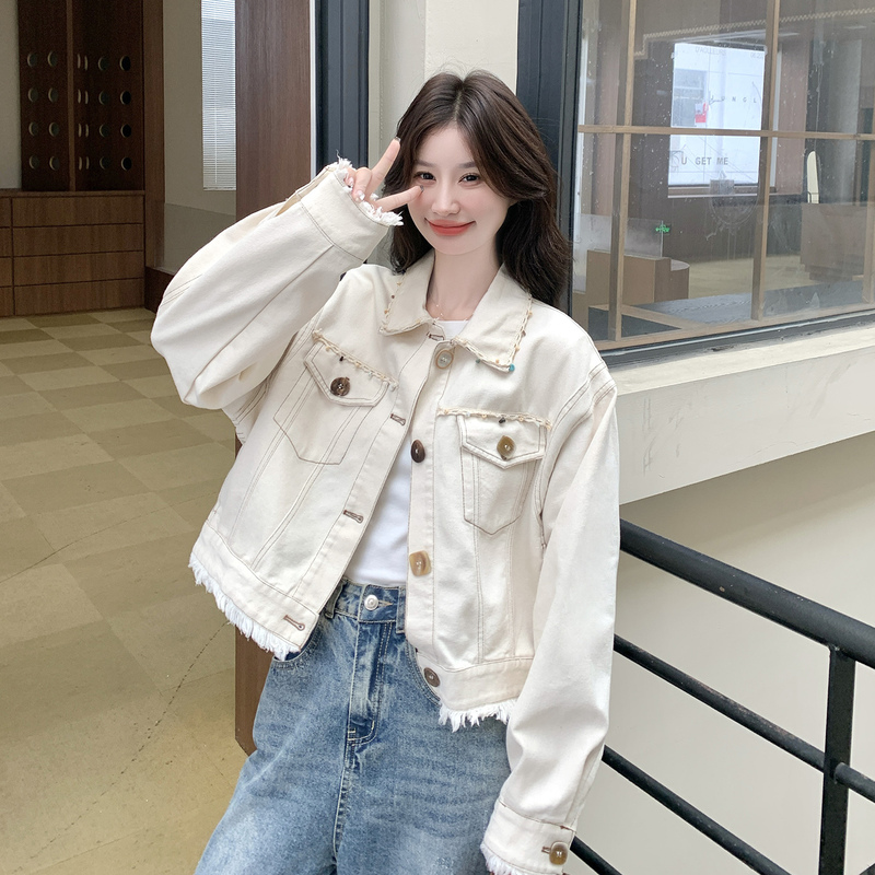 Off-White Denim Jacket for Women, Short Style, 2026 Spring New Model, Very Stylish, Korean Design, Fringed Edge Jacket