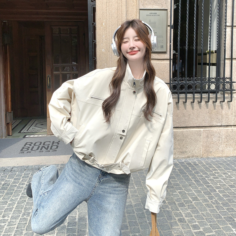 Off-White Korean-Style Casual Stand-Collar Short Jacket for Women, 2026 Spring, Very Stylish and Loose-Fitting Workwear Jacket
