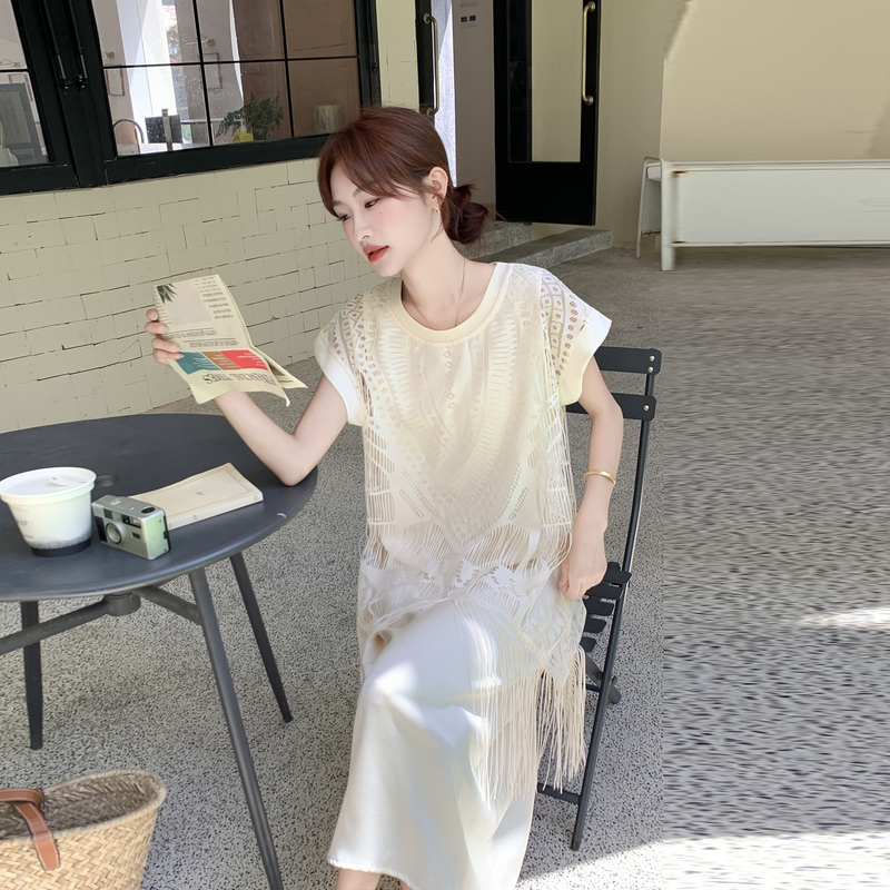 Beimuchi Off-White French-Style Hollow-Out Tassel Faux Two-Piece Dress for Women, 2026 Summer New Lazy Style Long Dress