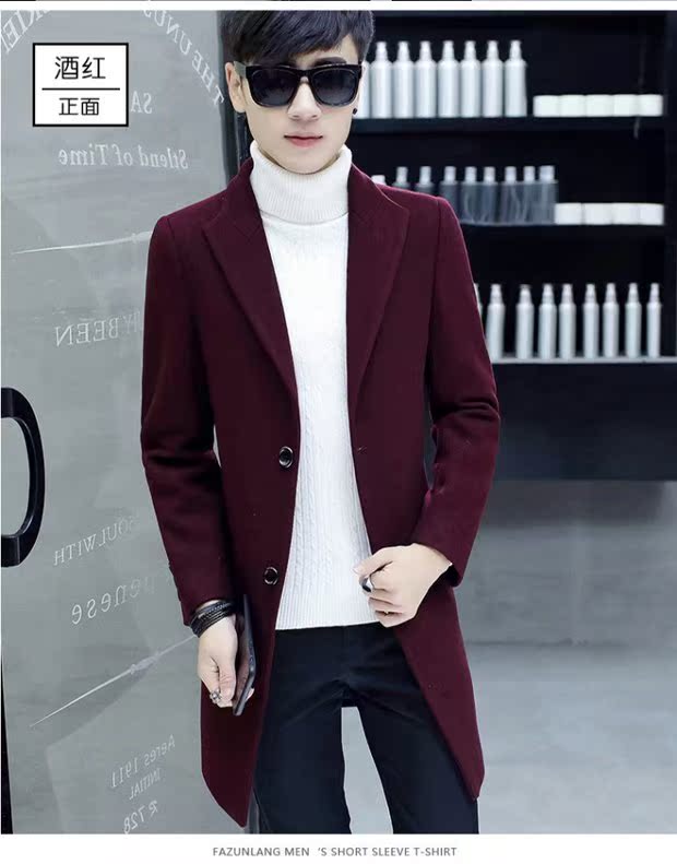 Áo khoác len Hàn Quốc nam dài phần thanh mảnh mỏng Hàn Quốc mùa thu và mùa đông áo gió cashmere áo choàng rượu vang đỏ áo khoác nam hàn quốc