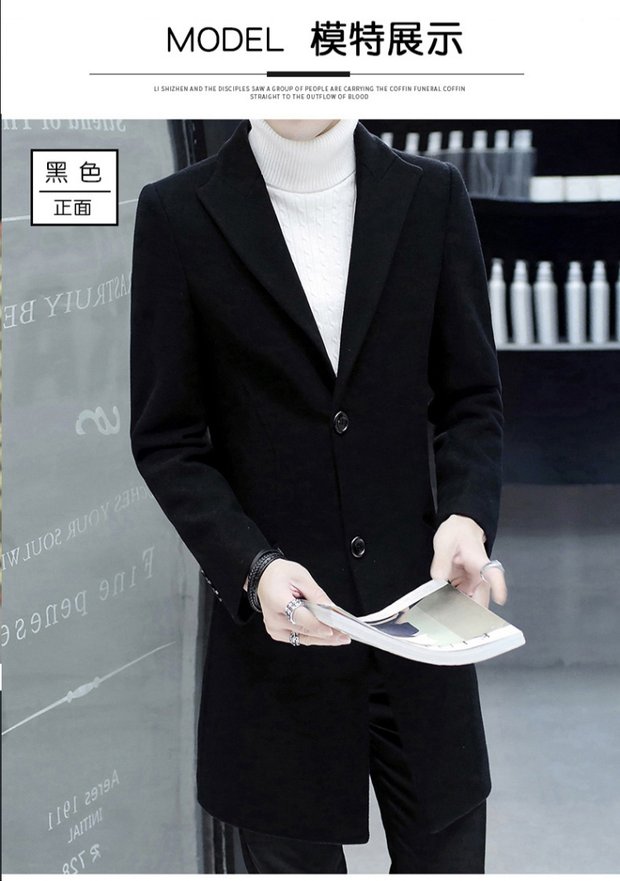 Áo khoác len Hàn Quốc nam dài phần thanh mảnh mỏng Hàn Quốc mùa thu và mùa đông áo gió cashmere áo choàng rượu vang đỏ áo khoác nam hàn quốc